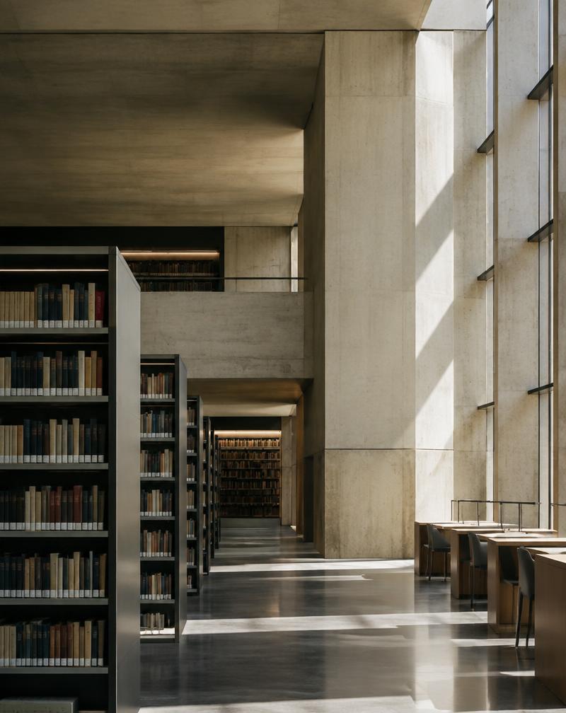 A modern academic library lined with bookshelves